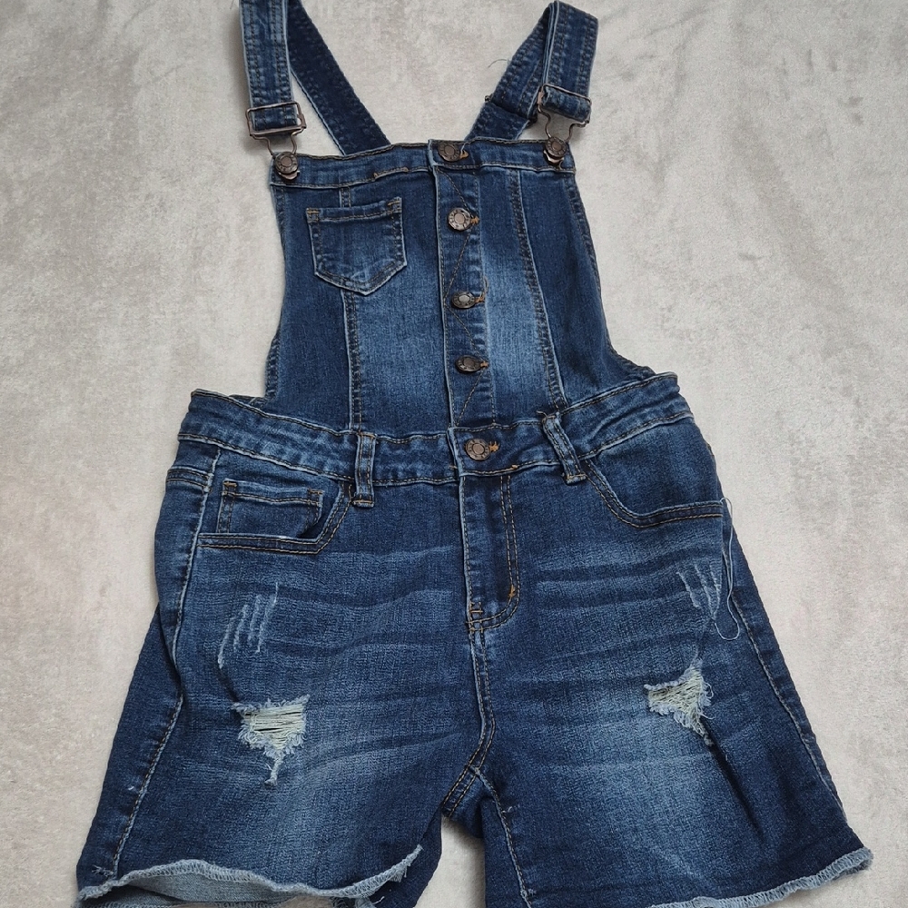 Denim Overalls with Distressed Detailing